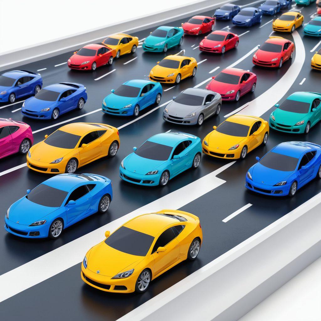 An eye-catching computer screen displaying a vibrant online interface for comparing car insurance rates, surrounded by colorful icons of cars and discounts. A user is excitedly analyzing the lowest rates while dollar signs and percentage symbols float around, representing savings. In the background, a sleek road with cars driving past symbolizes freedom and protection on the road. super-realistic. vibrant colors. white background.