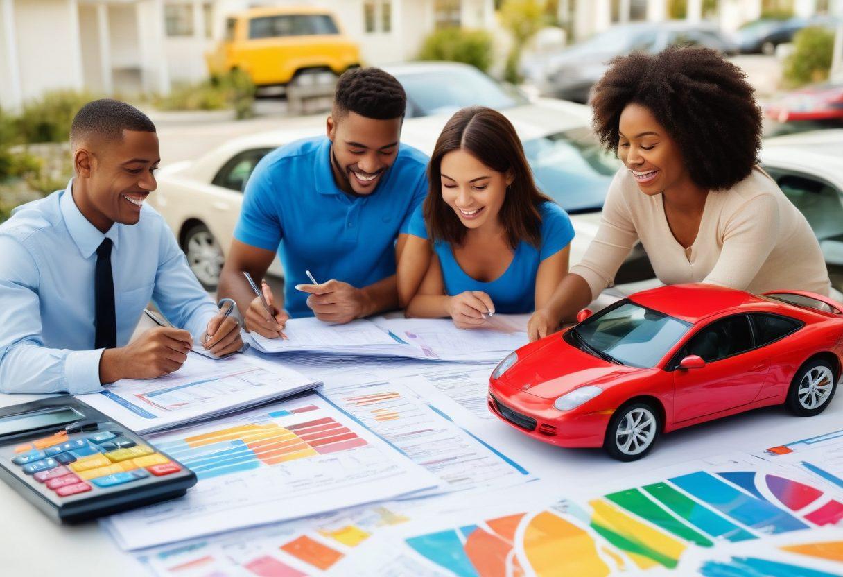 A diverse group of people happily examining car insurance documents at a table filled with calculators and comparison charts. In the background, various cars representing different insurance coverage levels are parked under a sunny sky. Icons representing affordability and security, like dollar signs and shields, are floating around them. The scene conveys a sense of empowerment and clarity in navigating insurance options. vibrant colors. 3D.