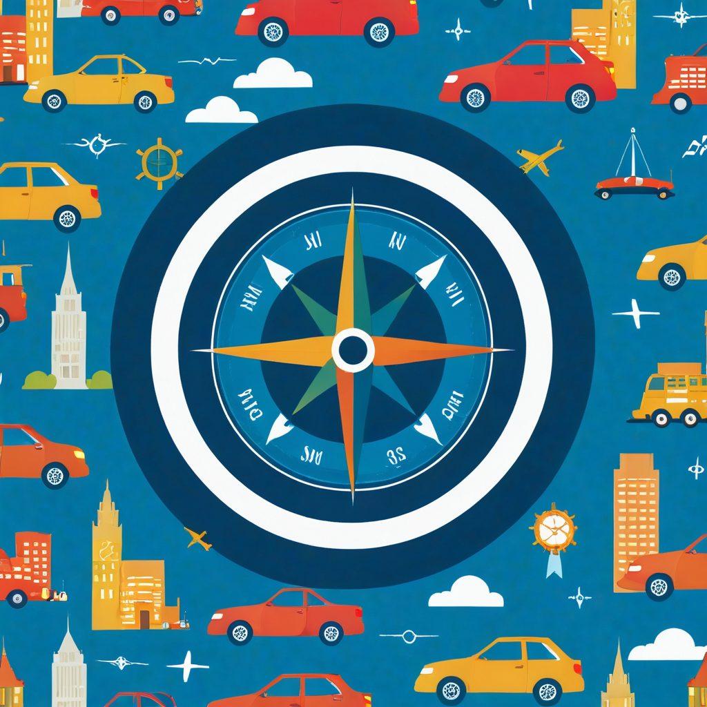 A cleverly designed compass intersecting with various car icons, each representing different car insurance policies and their costs. The background features a vibrant city skyline and scattered dollar signs to symbolize financial analysis. Include a magnifying glass highlighting one specific vehicle for focus. Use a modern, flat design style with a mix of bright and contrasting colors.